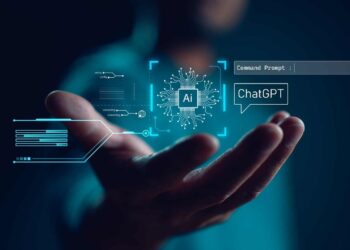 Ilustração digital de um assistente de IA interagindo com comandos e interfaces, com destaque para o ChatGPT e um chip com o logo de AI.