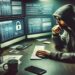 IA a favor do crime: Hacker encapuzado usando múltiplos monitores para acessar informações bancárias protegidas