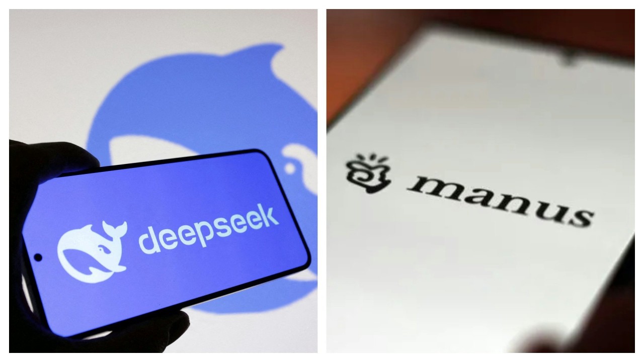 Imagem comparativa entre os logos de Manus e DeepSeek, com fundo tecnológico.