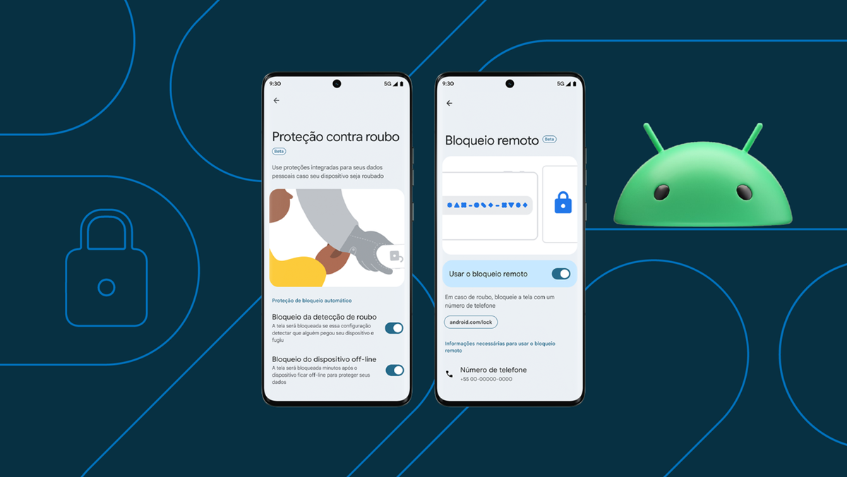Duas telas do celular Android com recursos de segurança: 'Proteção contra roubo' e 'Bloqueio remoto'. A tela de proteção contra roubo exibe opções como 'Bloqueio automático' e 'Bloqueio do dispositivo offline', enquanto a tela de bloqueio remoto mostra a opção 'Usar o bloqueio remoto' e um campo para número de telefone, com o mascote do Android ao lado.